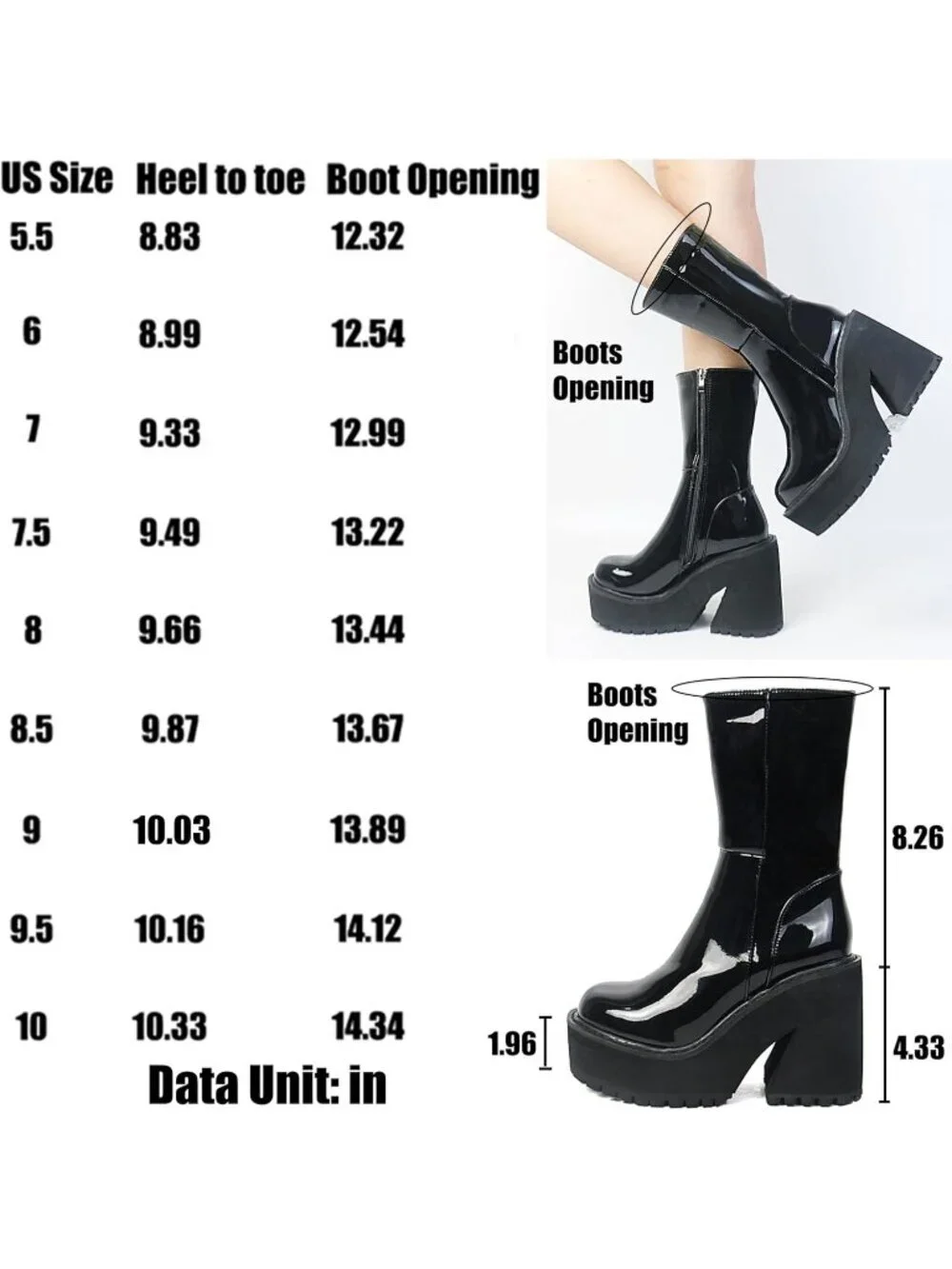 Womens Black Rubber Wedge Heel Platform Mid Calf Zipper Round Toe Ankle Boots